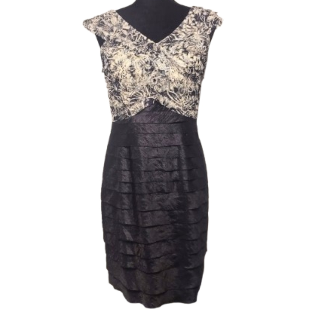 JS Collections Women's Formal Black Cream Floral Design Sleeveless Dress Size S